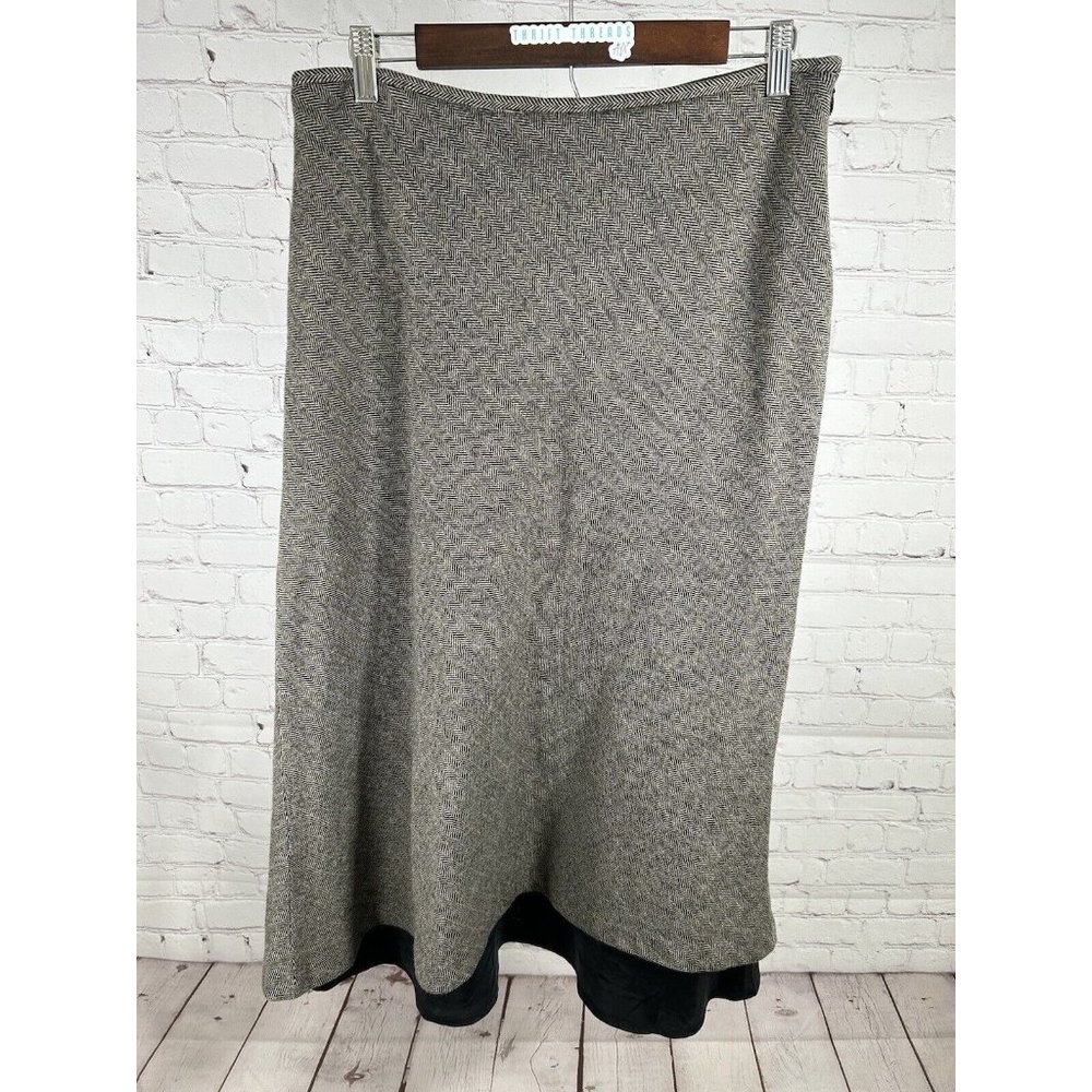 Lauren Ralph Lauren Black Brown Herringbone 100% Wool Layered Long Skirt 12